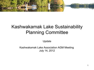 Kashwakamak Lake Sustainability
     Planning Committee
                    Update

   Kashwakamak Lake Association AGM Meeting
                July 14, 2012




                                              1
 