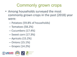 Commonly grown crops
• Among households surveyed the most
commonly grown crops in the past (2018) year
were:
– Potatoes (59.8% of households)
– Tomatoes (58.2%)
– Cucumbers (17.4%)
– Sweet corn (17.3%)
– Apricots (15.2%)
– Onions (15.1%)
– Grapes (14.2%)
 