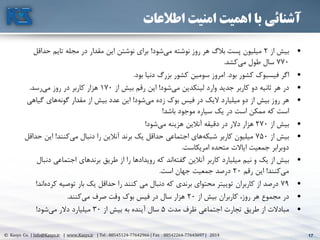 17© Kasys Co. | Info@Kasys.ir | www.Kasys.ir | Tel : 88545124-77642966 | Fax : 88542264-77643697 | 2014 17
‫اطالعات‬ ‫امنیت‬ ‫اهمیت‬ ‫با‬ ‫آشنائی‬
•‫از‬ ‫بيش‬2‫شود‬‫مي‬ ‫نوشته‬ ‫روز‬ ‫هر‬ ‫بالگ‬ ‫پست‬ ‫ميليون‬!‫حدا‬ ‫تايم‬ ‫مجله‬ ‫در‬ ‫مقدار‬ ‫اين‬ ‫نوشتن‬ ‫برای‬‫قل‬
770‫کشد‬‫مي‬ ‫طول‬ ‫سال‬.
•‫اگر‬‫بود‬ ‫کشور‬ ‫فيسبوک‬.‫بود‬ ‫دنيا‬ ‫بزرگ‬ ‫کشور‬ ‫سومين‬ ‫امروز‬.
•‫در‬‫شود‬‫مي‬ ‫لينکدين‬ ‫وارد‬ ‫جديد‬ ‫کاربر‬ ‫دو‬ ‫ثانيه‬ ‫هر‬!‫از‬ ‫بيش‬ ‫رقم‬ ‫اين‬170‫رسد‬‫مي‬ ‫روز‬ ‫در‬ ‫کاربر‬ ‫هزار‬.
•‫هر‬‫شود‬‫مي‬ ‫زده‬ ‫بوک‬ ‫فيس‬ ‫در‬ ‫اليک‬ ‫ميليارد‬ ‫دو‬ ‫از‬ ‫بيش‬ ‫روز‬!‫گي‬ ‫های‬‫گونه‬ ‫مقدار‬ ‫از‬ ‫بيش‬ ‫عدد‬ ‫اين‬‫اهي‬
‫باشد‬ ‫موجود‬ ‫سياره‬ ‫يک‬ ‫در‬ ‫است‬ ‫ممکن‬ ‫که‬ ‫است‬!
•‫بيش‬‫از‬270‫شود‬‫مي‬ ‫هزينه‬ ‫آنالين‬ ‫دقيقه‬ ‫در‬ ‫دالر‬ ‫هزار‬!
•‫بيش‬‫از‬750‫کنند‬‫مي‬ ‫دنبال‬ ‫را‬ ‫آنالين‬ ‫برند‬ ‫يک‬ ‫حداقل‬ ‫اجتماعي‬ ‫های‬‫شبکه‬ ‫کاربر‬ ‫ميليون‬!‫اين‬‫حداقل‬
‫امريکاست‬ ‫متحده‬ ‫اياالت‬ ‫جمعيت‬ ‫دوبرابر‬.
•‫بيش‬‫د‬ ‫اجتماعي‬ ‫برندهای‬ ‫طريق‬ ‫از‬ ‫را‬ ‫رويدادها‬ ‫که‬ ‫اند‬‫گفته‬ ‫آنالين‬ ‫کاربر‬ ‫ميليارد‬ ‫نيم‬ ‫و‬ ‫يک‬ ‫از‬‫نبال‬
‫کنند‬‫مي‬!‫رقم‬ ‫اين‬20‫است‬ ‫جهان‬ ‫جمعيت‬ ‫درصد‬.
•79‫ک‬ ‫توصيه‬ ‫بار‬ ‫يک‬ ‫حداقل‬ ‫را‬ ‫کنند‬ ‫مي‬ ‫دنبال‬ ‫که‬ ‫برندی‬ ‫محتوای‬ ‫توييتر‬ ‫کاربران‬ ‫از‬ ‫درصد‬‫اند‬‫رده‬!
•‫در‬‫از‬ ‫بيش‬ ‫کاربران‬ ،‫روز‬ ‫هر‬ ‫مجموع‬20‫کنند‬‫مي‬ ‫صرف‬ ‫وقت‬ ‫بوک‬ ‫فيس‬ ‫در‬ ‫سال‬ ‫هزار‬.
•‫مبادالت‬‫مدت‬ ‫ظرف‬ ‫اجتماعي‬ ‫تجارت‬ ‫طريق‬ ‫از‬5‫از‬ ‫بيش‬ ‫به‬ ‫آينده‬ ‫سال‬30‫شود‬‫مي‬ ‫دالر‬ ‫ميليارد‬!
 