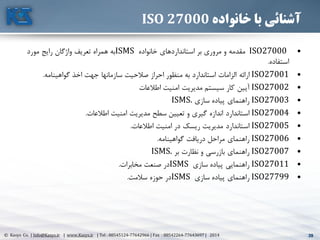39© Kasys Co. | Info@Kasys.ir | www.Kasys.ir | Tel : 88545124-77642966 | Fax : 88542264-77643697 | 2014 39
‫خانواده‬ ‫با‬ ‫آشنائی‬ISO 27000
•ISO27000‫خانواده‬ ‫استانداردهای‬ ‫بر‬ ‫مروری‬ ‫و‬ ‫مقدمه‬ISMS‫مورد‬ ‫رايج‬ ‫واژگان‬ ‫تعريف‬ ‫همراه‬ ‫به‬
‫استفاده‬.
•ISO27001‫گواهينامه‬ ‫اخذ‬ ‫جهت‬ ‫سازمانها‬ ‫صالحيت‬ ‫احراز‬ ‫منظور‬ ‫به‬ ‫استاندارد‬ ‫الزامات‬ ‫ارائه‬.
•ISO27002‫مديريت‬ ‫سيستم‬ ‫کار‬ ‫آيين‬‫اطالعات‬ ‫امنيت‬
•ISO27003‫سازی‬ ‫پياده‬ ‫راهنمای‬ISMS.
•ISO27004‫اطالعات‬ ‫امنيت‬ ‫مديريت‬ ‫سطح‬ ‫تعيين‬ ‫و‬ ‫گيری‬ ‫اندازه‬ ‫استاندارد‬.
•ISO27005‫اطالعات‬ ‫امنيت‬ ‫در‬ ‫ريسک‬ ‫مديريت‬ ‫استاندارد‬.
•ISO27006‫گواهينامه‬ ‫دريافت‬ ‫مراحل‬ ‫راهنمای‬.
•ISO27007‫بر‬ ‫نظارت‬ ‫و‬ ‫بازرسي‬ ‫راهنمای‬ISMS.
•ISO27011‫سازی‬ ‫پياده‬ ‫راهنمايي‬ISMS‫مخابرات‬ ‫صنعت‬ ‫در‬.
•ISO27799‫سازی‬ ‫پياده‬ ‫راهنمای‬ISMS‫سالمت‬ ‫حوزه‬ ‫در‬.
 