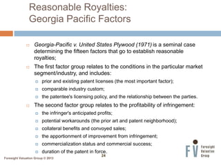 Foresight Valuation Group © 2013
24
Foresight Valuation Group © 2013
Reasonable Royalties:
Georgia Pacific Factors
 Georg...
