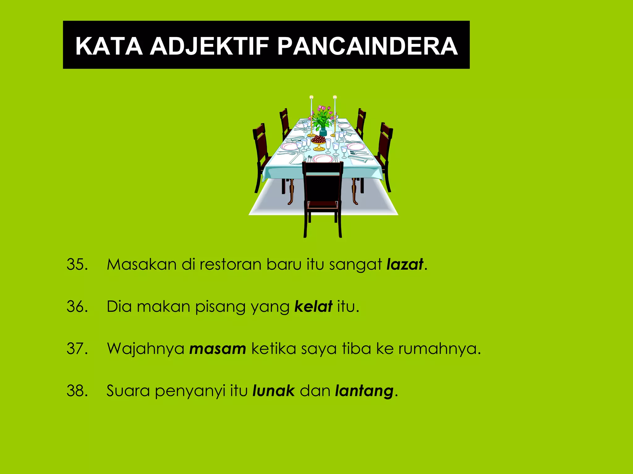 KATA ADJEKTIF PANCAINDERA




35.   Masakan di restoran baru itu sangat lazat.

36.   Dia makan pisang yang kelat itu.

37.   Wajahnya masam ketika saya tiba ke rumahnya.

38.   Suara penyanyi itu lunak dan lantang.
 
