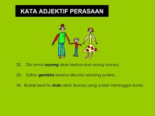 KATA ADJEKTIF PERASAAN




32.   Dia amat sayang akan kedua-dua orang tuanya.

33.   Sultan gembira kerana dikurnia seorang putera.

34. Budak kecil itu rindu akan ibunya yang sudah meninggal dunia.
 