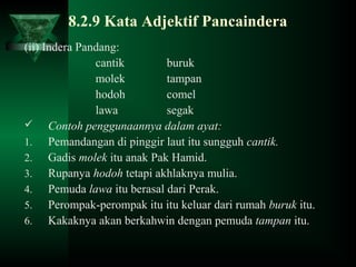 8.2.9 Kata Adjektif Pancaindera
(ii) Indera Pandang:
cantik buruk
molek tampan
hodoh comel
lawa segak
 Contoh penggunaannya dalam ayat:
1. Pemandangan di pinggir laut itu sungguh cantik.
2. Gadis molek itu anak Pak Hamid.
3. Rupanya hodoh tetapi akhlaknya mulia.
4. Pemuda lawa itu berasal dari Perak.
5. Perompak-perompak itu itu keluar dari rumah buruk itu.
6. Kakaknya akan berkahwin dengan pemuda tampan itu.
 