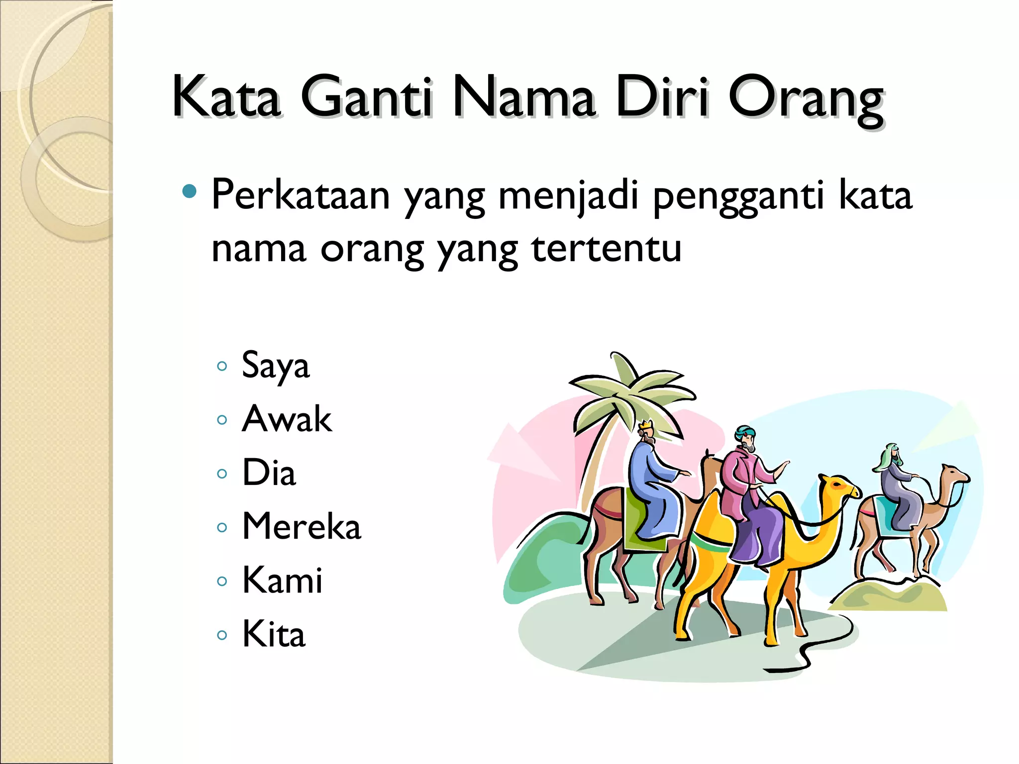 Kata Ganti Nama Diri Orang Perkataan yang menjadi pengganti kata nama orang yang tertentu Saya Awak Dia Mereka Kami Kita