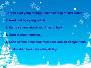 Contoh ayat yang menggunakan kata ganti diri kedua

1. Awak pekerja yang patuh

2. Kamu semua adalah murid yang baik

3. Guru mencari engkau.

4. Anda semua dinasihati membaca soalan dengan teliti

5. Tunku akan bersiram sekejab lagi.
 
