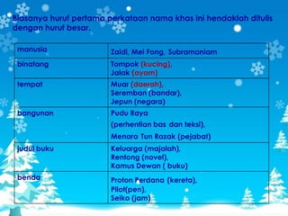 Biasanya huruf pertama perkataan nama khas ini hendaklah ditulis
dengan huruf besar.

 manusia                Zaidi, Mei Fong, Subramaniam
 binatang               Tompok (kucing),
                        Jalak (ayam)
 tempat                 Muar (daerah),
                        Seremban (bandar),
                        Jepun (negara)
 bangunan               Pudu Raya
                        (perhentian bas dan teksi),
                        Menara Tun Razak (pejabat)
 judul buku             Keluarga (majalah),
                        Rentong (novel),
                        Kamus Dewan ( buku)
 benda                  Proton Perdana (kereta),
                        Pilot(pen),
                        Seiko (jam)
 