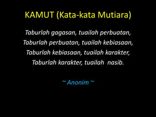 KAMUT (Kata-kata Mutiara)
Taburlah gagasan, tuailah perbuatan,
Taburlah perbuatan, tuailah kebiasaan,
Taburlah kebiasaan, tuailah karakter,
Taburlah karakter, tuailah nasib.
~ Anonim ~
 