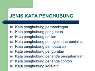 JENIS KATA PENGHUBUNG

10.   Kata penghubung perbandingan
11.   Kata penghubung penguatan
12.   Kata penghubung rincian
13.   Kata penghubung penegas atau penjelas
14.   Kata penghubung pembatasan
15.   Kata penghubung pengurutan
16.   Kata penghubung penanda pengutamaan
17.   Kata penghubung penanda contoh
18.   Kata penghubung korelatif
 