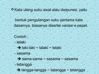  Kata ulang suku awal atau dwipurwa, yaitu

  bentuk pengulangan suku pertama kata
 dasarnya, biasanya disertai variasi e pepet.

 Contoh :
 - lelaki
    laki-laki ~ lalaki ~ lelaki
 - sesama
    sama-sama ~ sasama ~ sesama
 - tetangga
    tangga-tangga ~ tatangga ~ tetangga
 