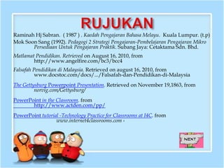 Raminah Hj Sabran. ( 1987 ) . Kaedah Pengajaran Bahasa Melayu. Kuala Lumpur. (t.p)
Mok Soon Sang (1992). Pedagogi 2 Strategi Pengajaran-Pembelajaran Pengajaran Mikro
       Persediaan Untuk Pengajaran Praktik. Subang Jaya: Cetaktama Sdn. Bhd.
Matlamat Pendidikan. Retrieved on August 16, 2010, from
        http://www.angelfire.com/bc3/bcc4
Falsafah Pendidikan di Malaysia. Retrieved on august 16, 2010, from
          www.docstoc.com/docs/.../Falsafah-dan-Pendidikan-di-Malaysia
The Gettysburg Powerpoint Presentation. Retrieved on November 19,1863, from
         norvig.com/Gettysburg/
PowerPoint in the Classroom. from
       http://www.actden.com/pp/
PowerPoint tutorial -Technology Practice for Classrooms at I4C. from
                  www.internet4classrooms.com ›
 