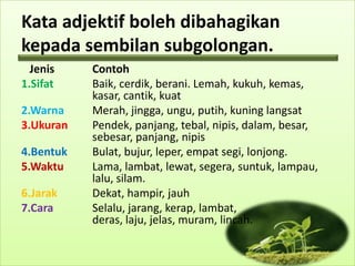 Kata adjektif boleh dibahagikan
kepada sembilan subgolongan.
  Jenis    Contoh
1.Sifat    Baik, cerdik, berani. Lemah, kukuh, kemas,
           kasar, cantik, kuat
2.Warna    Merah, jingga, ungu, putih, kuning langsat
3.Ukuran   Pendek, panjang, tebal, nipis, dalam, besar,
           sebesar, panjang, nipis
4.Bentuk   Bulat, bujur, leper, empat segi, lonjong.
5.Waktu    Lama, lambat, lewat, segera, suntuk, lampau,
           lalu, silam.
6.Jarak    Dekat, hampir, jauh
7.Cara     Selalu, jarang, kerap, lambat,
           deras, laju, jelas, muram, lincah.
 