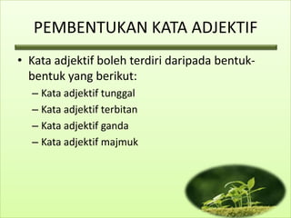 PEMBENTUKAN KATA ADJEKTIF
• Kata adjektif boleh terdiri daripada bentuk-
  bentuk yang berikut:
  – Kata adjektif tunggal
  – Kata adjektif terbitan
  – Kata adjektif ganda
  – Kata adjektif majmuk
 