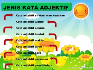 JENIS KATA ADJEKTIF 
Kata adjektif sifatan atau keadaan 
Kata adjektif warna 
Kata adjektif ukuran 
Kata adjektif bentuk 
Kata adjektif waktu 
Kata adjektif jarak 
Kata adjektif cara 
Kata adjektif perasaan 
Kata adjektif pancaindera 
 