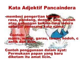 Kata Adjektif Pancaindera
-memberi pengertian konsep
  rasa, pandang, dengar, bau, sentuh
  atau gabungan kelima-lima indera
  sebagai penerang kata nama.

  Contoh:
 manis, wangi, garau, tawar, hodoh, c
 antik dan licin.

Contoh penggunaan dalam ayat:
 Permukaan papan yang baru
 diketam itu amat licin.
 