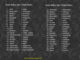 Kata Baku dan Tidak Baku
1. aktif = aktip
2. ambulans = ambulan
3. analisa = analisis
4. andal = handal
5. anggota = angau...