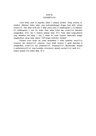 BAB III
KESIMPULAN
Asam lemak jenuh di degradasi dalam 3 tahapan oksidasi. Tahap pertama, β-
oksidasi, dilakukan dalam siklus yang berkesinambungan dengan hasil akhir sebagai
acetyl-CoA. Tiap siklus terdii atas 4 tahap reaksi yaitu (1) dehidrogenasi I, (2) hidratasi,
(3) dehidrogenasi 2 dan (4) tiolasi. Pada tahap kedua tiap acetyl-CoA dioksidasi
menghasilkan 2CO2 dan 8 elektron dalamm siklus TCA. Pada tahap ketiga,elektron
yang dihasilkan dari tahap 1 dan 2 masuk ke rantai respirasi mitokondria dengan
menghasilkan energi untuk sintesis ATP dengan fosforilasi oksidatif.
Oksidasi asam lemak tak jenuh memerlukan 2 enzim tambahan :enoyl-CoA
isomerase dan dienoyl-CoA reductase. Asam lemak beratom C ganjil dioksidasi β
menghasilkan acetyl-CoA dan propionil-CoA. Propionyl-CoA dikarboksilasi menjadi
L-methylmalonyl-CoA yang kemudian di isomerasi menjadi succinyl-CoA untuk di o
ksidasi menjadi CO2 dalam siklus TCA.
 
