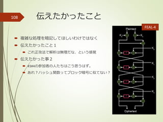伝えたかったこと
 複雑な処理を暗記してほしいわけではなく
 伝えたかったこと１
 これ正攻法で解析は無理だな、という感覚
 伝えたかった事２
 #3#4の参加者の人たちはこう思うはず。
 あれ？ハッシュ関数ってブロック暗号に似てない？
108
FEAL-4
 