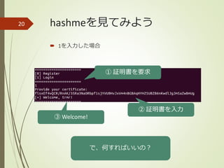 hashmeを見てみよう
 1を入力した場合
20
① 証明書を要求
② 証明書を入力
③ Welcome!
で、何すればいいの？
 