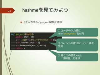 hashmeを見てみよう
 0を入力するとgen_cert関数に遷移
25
③ 鍵と②の値をXoRし
「証明書」を生成
② “SALT+①の値”のハッシュ値を
生成
① ユーザの入力値に
role=”anonymous”を付与
 