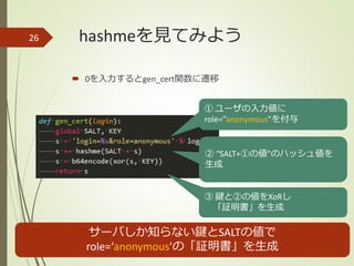 hashmeを見てみよう
 0を入力するとgen_cert関数に遷移
26
③ 鍵と②の値をXoRし
「証明書」を生成
② “SALT+①の値”のハッシュ値を
生成
① ユーザの入力値に
role=”anonymous”を付与
サーバしか知らない鍵とSALTの値で
role=‘anonymous’の「証明書」を生成
 