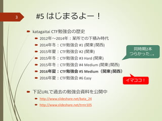 #5 はじまるよー！
 katagaitai CTF勉強会の歴史
 2012年～2014年：某所での下積み時代
 2014年冬：CTF勉強会 #1 (関東|関西)
 2015年夏：CTF勉強会 #2 (関東)
 2015年冬：CTF勉強会 #3 Hard (関東)
 2015年冬：CTF勉強会 #4 Medium (関東|関西)
 2016年夏：CTF勉強会 #5 Medium（関東|関西）
 2016年夏：CTF勉強会 #6 Easy
 下記URLで過去の勉強会資料を公開中
 http://www.slideshare.net/bata_24
 http://www.slideshare.net/trmr105
イマココ！
3
同時期2本
つらかった…。
 