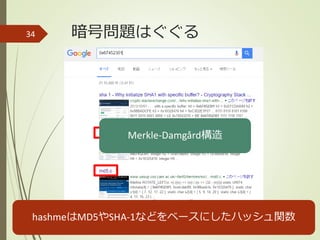 暗号問題はぐぐる34
hashmeはMD5やSHA-1などをベースにしたハッシュ関数
Merkle-Damgård構造
 