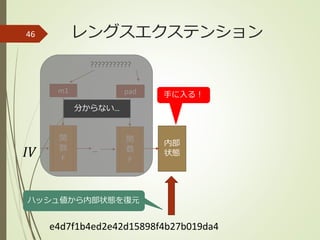 レングスエクステンション46
内部
状態𝐼𝑉
???????????
m1 pad
関
数
F
関
数
F
e4d7f1b4ed2e42d15898f4b27b019da4
ハッシュ値から内部状態を復元
…
手に入る！
分からない…
 