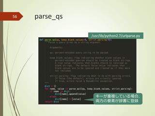 parse_qs56
/usr/lib/python2.7/urlparse.py
キーが重複している場合、
両方の要素が辞書に登録
 