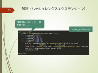 72 解答（ハッシュレングスエクステンション）
証明書からハッシュ値
を取り出し
solver_hashme.py
 
