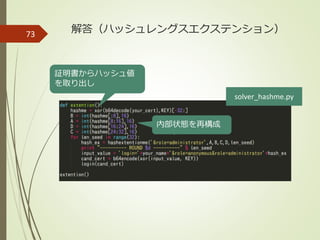 73 解答（ハッシュレングスエクステンション）
証明書からハッシュ値
を取り出し
solver_hashme.py
内部状態を再構成
 