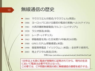 無線通信の歴史
 1864 マクスウエル方程式(マクスウェル(英国))
 1886 ヨーロッパにおける最初の電波の実験(ヘルツ(ドイツ))
 1901 大西洋横断無線電信(マルコーニ(イタリア))
 1920 ラジオ放送(米国)
 1935 レーダー(イギリス)
 1963 移動衛星を用いた日米間TV中継(約20分間)
 1980 GPSシステム(移動衛星)(米国)
 1998 衛星携帯電話「イリジウム」(米国)：全世界で使用可。
 2003 地上デジタル放送(日本)
(c) ysk - katagaitai
10
引用元 https://pub.nikkan.co.jp/uploads/book/pdf_file4d536bc5e9a72.pdf
130年以上も昔に電波が実験的に証明されてから、現代の生活
において電波は必要不可欠となった。
この章では、CTF問題の解説の前に無線通信の基礎を紹介する。
 