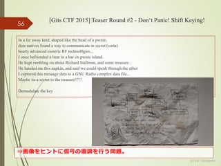 [Gits CTF 2015] Teaser Round #2 - Don‘t Panic! Shift Keying!
In a far away land, shaped like the head of a pwnie,
dem natives found a way to communicate in secret (sorta)
bearly advanced esoteric RF technol0gies...
I once befriended a bear in a bar on pwnie island.
He kept rambling on about Richard Stallman, and some treasure...
He handed me this napkin, and said we could speak through the ether
I captured this message data to a GNU Radio complex data file...
Maybe its a secret to the treasure!?!?
Demodulate the key
56
⇒画像をヒントに信号の復調を行う問題。
(c) ysk - katagaitai
 