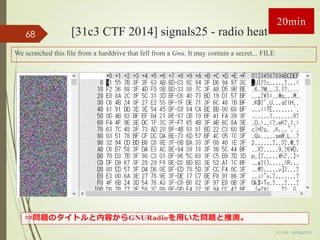 [31c3 CTF 2014] signals25 - radio heat68
We scratched this file from a harddrive that fell from a Gnu. It may contain a secret... FILE
⇒問題のタイトルと内容からGNURadioを用いた問題と推測。
20min
(c) ysk - katagaitai
 