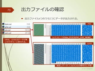 出力ファイルの確認
 出力ファイル4つのうち2つにデータが出力される。
(c) ysk - katagaitai
73
PSK
QAM
1st FLAG ⇒ N33dza_FUECKING_LOT_MORE_
繰返しデータ ⇒ 2nd FLAGの暗号文と予想
DPSK、GFSKはデータが無
いのでダミーと思われる。
 