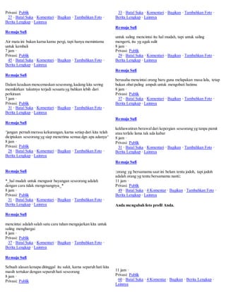 Privasi: Publik 
27 · Batal Suka · Komentari · Bagikan · Tambahkan Foto · 
Berita Lengkap · Lainnya 
Remaja Sufi 
Air mata ini bukan karna kamu pergi, tapi hanya memintamu 
untuk kembali 
7 jam · 
Privasi: Publik 
45 · Batal Suka · Komentari · Bagikan · Tambahkan Foto · 
Berita Lengkap · Lainnya 
Remaja Sufi 
Dalam keadaan mencemaskan seseorang, kadang kita sering 
memikirkan takutnya terjadi sesuatu yg bahkan lebih dari 
perkiraan 
7 jam · 
Privasi: Publik 
31 · Batal Suka · Komentari · Bagikan · Tambahkan Foto · 
Berita Lengkap · Lainnya 
Remaja Sufi 
^jangan pernah merasa kekurangan, karna setiap dari kita telah 
diciptakan seseorang yg siap menerima semua dgn apa adanya^ 
8 jam · 
Privasi: Publik 
28 · Batal Suka · Komentari · Bagikan · Tambahkan Foto · 
Berita Lengkap · Lainnya 
Remaja Sufi 
*_hal mudah untuk mengusir bayangan seseorang adalah 
dengan cara tidak mengenangnya_* 
8 jam · 
Privasi: Publik 
31 · Batal Suka · Komentari · Bagikan · Tambahkan Foto · 
Berita Lengkap · Lainnya 
Remaja Sufi 
mencintai adalah salah satu cara tuhan mengajarkan kita untuk 
saling menghargai 
8 jam · 
Privasi: Publik 
37 · Batal Suka · Komentari · Bagikan · Tambahkan Foto · 
Berita Lengkap · Lainnya 
Remaja Sufi 
Sebuah alasan kenapa ditinggal itu sakit, karna separuh hati kita 
masih tertukar dengan separuh hati seseorang 
8 jam · 
Privasi: Publik 
33 · Batal Suka · Komentari · Bagikan · Tambahkan Foto · 
Berita Lengkap · Lainnya 
Remaja Sufi 
untuk saling mencintai itu hal mudah, tapi untuk saling 
mengerti, itu yg agak sulit 
8 jam · 
Privasi: Publik 
29 · Batal Suka · Komentari · Bagikan · Tambahkan Foto · 
Berita Lengkap · Lainnya 
Remaja Sufi 
berusaha mencintai orang baru guna melupakan masa lalu, tetap 
bukan obat paling ampuh untuk mengobati hatimu 
8 jam · 
Privasi: Publik 
37 · Batal Suka · Komentari · Bagikan · Tambahkan Foto · 
Berita Lengkap · Lainnya 
Remaja Sufi 
kekhawatiran berawal dari kepergian seseorang yg tanpa pamit 
atau terlalu lama tak ada kabar 
8 jam · 
Privasi: Publik 
31 · Batal Suka · Komentari · Bagikan · Tambahkan Foto · 
Berita Lengkap · Lainnya 
Remaja Sufi 
::orang yg bersamamu saat ini belum tentu jodoh, tapi jodoh 
adalah orang yg tentu bersamamu nanti:: 
11 jam · 
Privasi: Publik 
49 · Batal Suka · 4 Komentar · Bagikan · Tambahkan Foto · 
Berita Lengkap · Lainnya 
Anda mengubah foto profil Anda. 
11 jam · 
Privasi: Publik 
60 · Batal Suka · 4 Komentar · Bagikan · Berita Lengkap · 
Lainnya 
 