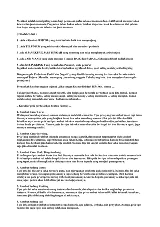 Menikah adalah solusi paling aman bagi pemuasan nafsu seksual manusia dan efektif untuk mempertahan
kelestarian jenis manusia. Pergaulan bebas bukan solusi, bahkan dapat merusak keselamatan diri pelaku
dan dapat mengancam kelestarian jenis manusia.
( Filsafah 5 Jari )
1 . Ada si Gendut JEMPOL yang slalu berkata baik dan menyanjung
2 . Ada TELUNJUK yang selalu suka Menunjuk dan memberi perintah
3 . ada si JANGKUNG JARI TENGAH yang sombong dan suka menghasyut jari telunjuk
4 . ada JARI MANIS yang slalu menjadi Teladan BAIK dan SABAR ,, Sehingga di beri hadiah cincin
5 . dan KELINGKING Yang Lemah dan Penurut , serta pema'af
Ingatkah anda waktu kecil , ketika kita berbaikan dg Musuh kita , pasti saling sentuh jari kelingking
Dengan segala Perbedaan Positif dan Negatif , yang dimiliki masing masing Jari mereka Bersatu untuk
mencapai Tujuan (Menulis , memegang , menolong anggota Tubuh yang lain , dan menyelesaikan segala
pekerjaan )
Pernahkah kita bayangkan sejenak , jika tangan kita terdiri dari JEMPOL semua ....
Cukup Sederhana , namun sangat berarti , kita diciptakan dg segala perbedaan yang kita miliki , dengan
tujuan untuk Bersatu , saling menyayangi , saling menolong , saling membantu ... saling mengisi , bukan
untuk saling menuduh ,merusak , bahkan membunuh....
.. Karakter pria berdasarkan bentuk rambut ...
1. Rambut Kasar Lurus
Walaupun bentuknya kasar, namun dalamnya melebihi semua itu. Tipe pria yang berambut kasar tapi lurus
biasanya merupakan pria yang berjiwa besar dan suka menolong sesama. Jika pria ini diberi sedikit
kebaikan saja, maka pria bertipe rambut ini akan membalasnya dengan beribu-ribu perhatian, terutama
dalam dunia percintaan. Namun, pria bertipe ini suka mencoba-coba berbagai hal dan biasanya egois, juga
maunya menang sendiri.
2. Rambut Kasar Keriting.
Pria yang memiliki rambut ini pada umumnya sangat agresif, dan mudah terpengaruh oleh kondisi
lingkungan di sekitarnya, seperti teman atau rekan kerja, sehingga membuatnya kurang bisa mandiri dan
kurang bisa berhasil jika harus bekerja sendiri. Namun, tipe ini sangat sosialis dan suka menolong kapan
saja jika dimintai bantuan.
3. Rambut Kasar Ikal / Bergelombang.
Pria dengan tipe rambut kasar dan ikal biasanya romantis dan rela berkorban terutama untuk urusan cinta.
Pria bertipe rambut ini, selalu berpikir lurus dan terencana. Jika pria bertipe ini mendapatkan pasangan
yang tepat, maka dimungkinkan cintanya akan luar biasa kepada yang menjadi pasangannya.
4. Rambut Sedang Lurus
Tipe pria ini biasanya suka berpura-pura, dan merupakan sifat pria pada umumnya. Namun, tipe ini suka
menghibur orang, walaupun perasaannya juga sedang bersedih atau gembira sekalipun. Oleh karena
sifatnya ini, para pria tipe ini sering terbebani perasaannya, karena kepura-puraanny a. Jika tipe pria ini
mau jujur, justru akan lebih dihargai karena kejujurannya.
5. Rambut Sedang Keriting
Tipe pria ini suka membuat orang tertawa dan humoris, dan dapat serius ketika meghadapi persoalan
tertentu. Namun, di balik sifat humornya, umumnya tipe pria rambut ini memiliki sifat kekanak-kanakan ,
terutama jika didukung oleh lingkungan di sekitarnya.
6. Rambut Sedang Ikal
Tipe pria dengan rambut ini umumnya juga humoris, apa adanya, terbuka, dan penyabar. Namun, pria tipe
rambut ini juga egois dan sering tidak mau mengalah.
 