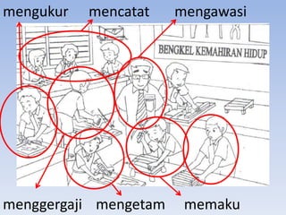 mengukur   mencatat    mengawasi




menggergaji mengetam    memaku
 