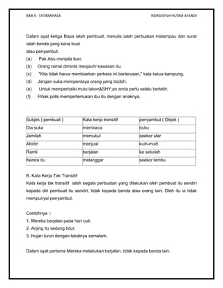 BAB 4 : TATABAHASA NORAISYAH HUSNA AFANDI
Dalam ayat ketiga Bapa ialah pembuat, menulis ialah perbuatan melampau dan surat...