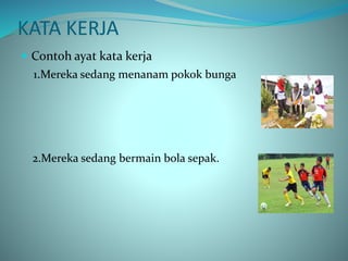KATA KERJA
 Contoh ayat kata kerja
1.Mereka sedang menanam pokok bunga
2.Mereka sedang bermain bola sepak.
 
