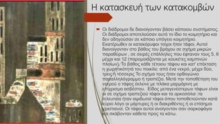 Η κατασκευή των κατακομβών
 Οι διάδρομοι δε διανοίγονταν βάσει κάποιου συστήματος.
Οι διάδρομοι αποτελούσαν αυτό το ίδιο το κοιμητήριο και
δεν οδηγούσαν σε κάποιο υπόγειο κοιμητήριο.
Εκατέρωθεν οι κατακόρυφοι τοίχοι ήταν τάφοι. Αυτοί
διανοίγονταν στο βάθος του βράχου σε σχήμα μικρών
παραθύρων , σε σειρές επάλληλες που έφταναν τους 5, 6
μέχρι και 12 (παρομοιάζονται με κουκέτες καμπινών
πλοίων). Το βάθος κάθε τέτοιου τάφου και κατ' επέκταση
η χωρητικότητά του ποικίλε: από ένα νεκρό, μέχρι δύο,
τρεις ή τέσσερις Το σχήμα τους ήταν ορθογώνιο
παραλληλόγραμμο ή τραπέζιο. Μετά την τοποθέτηση του
νεκρού ο τάφος έκλεινε με πλάκα μαρμάρινη με
επίχρισμα ασβέστου. Είδος μεταγενέστερων τάφων είναι
οι σε σχήμα τραπεζιού τάφοι και τα αρκοσόλια :τα
τελευταία ήταν αψιδωτοί τάφοι όπου τοποθετούνταν κατά
κύριο λόγο οι μάρτυρες ή οι διακριθέντες ή οι επίσημοι
χριστιανοί. Οι τάφοι αυτοί ανοίγονταν σαν σαρκοφάγοι
και σκάβονταν κάθετα προς τα κάτω.
 