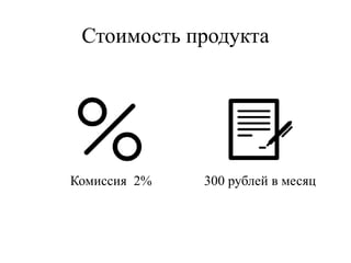 Стоимость продукта
Комиссия 2% 300 рублей в месяц
 