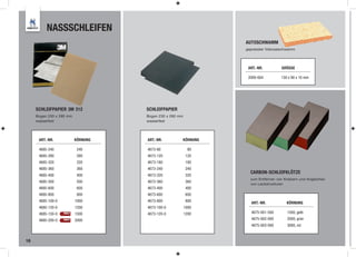 NASSSCHLEIFEN
                                                                AUTOSCHWAMM
                                                                gepresster Viskoseschwamm




                                                                 ART.-NR.          GRÖSSE

                                                                 2000-604         130 x 90 x 10 mm




     SCHLEIFPAPIER 3M 312           SCHLEIFPAPIER
     Bogen 230 x 280 mm             Bogen 230 x 280 mm
     wasserfest                     wasserfest




      ART.-NR.            KÖRNUNG   ART.-NR.         KÖRNUNG

      4685-240             240      4673-80               80
      4685-280             280      4673-120              120
      4685-320             320      4673-180              180
      4685-360             360      4673-240              240
                                                                  CARBON-SCHLEIFKLÖTZE
      4685-400             400      4673-320              320
                                                                  zum Entfernen von Kratzern und Angleichen
      4685-500             500      4673-360              360
                                                                  von Lackstrukturen
      4685-600             600      4673-400              400
      4685-800             800      4673-600              600
      4685-100-0          1000      4673-800              800     ART.-NR.           KÖRNUNG
      4685-120-0          1200      4673-100-0           1000
      4685-150-0   NEU!   1500      4673-120-0           1200     4675-001-500        1500, gelb
      4685-200-0   NEU!   2000                                    4675-002-000        2000, grün
                                                                  4675-003-000        3000, rot


18
 