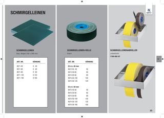 SCHMIRGELLEINEN




  SCHMIRGELLEINEN             SCHMIRGELLEINEN-ROLLE     SCHMIRGELLEINENABROLLER
  blau, Bogen 230 x 280 mm    braun                     unbestückt
                                                        7100-002-07
                                                                                       LA
  ART.-NR.          KÖRNUNG   ART.-NR.        KÖRNUNG

  4671-40           K 40      25 m x 40 mm
  4671-60           K 60      4674-40 -40     40
  4671-80           K 80      4674-40-60      60
  4671-120          K 120     4674-40-80      80
  4671-180          K 180     4674-40-100    100
                              4674-40-120    120


                              25 m x 50 mm
                              4674-50-40      40
                              4674-50-60      60
                              4674-50-80      80
                              4674-50-100    100
                              4674-50-120    120
                              4674-50-180    180


                                                                                  23
 