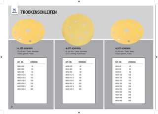 TROCKENSCHLEIFEN




    KLETT-SCHEIBEN              KLETT-SCHEIBEN              KLETT-SCHEIBEN
    Ø 150 mm - Gold, Normfest   Ø 150 mm - Gold, Normfest   Ø 150 mm - Gold, Mirka
    9-fach gelocht, Festo       6 + 1 Lochung, Hutchinson   9-fach gelocht, Festo




    ART.-NR.       KÖRNUNG      ART.-NR.       KÖRNUNG      ART.-NR.       KÖRNUNG

    4660-040        40          4656-040        40          4659-40         40
    4660-060        60          4656-060        60          4659-60         60
    4660-080        80          4656-080        80          4659-80         80
    4660-012-0     120          4656-012-0     120          4659-100       100
    4660-015-0     150          4656-015-0     150          4659-120       120
    4660-018-0     180          4656-018-0     180          4659-150       150
    4660-024-0     240          4656-024-0     240          4659-180       180
    4660-032-0     320          4656-032-0     320          4659-220       220
    4660-040-0     400          4656-040-0     400          4659-240       240
                                                            4659-280       280
                                                            4659-320       320
                                                            4659-400       400
                                                            4659-500       500


8
 