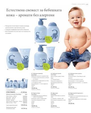 Г Р И Ж А С А Л О Е В Е РА | 103




   Естествена свежест за бебешката
   кожа – аромати без алергени

• Натурално почистване и грижа за млада,
  изключително чувствителна кожа
• Съдържа парфюмни масла без алергени
• Възстановява по естествен път влажността
  на кожата


                                                                             Всеки
                                                                             30 %
                                                                             Алое Вера
                                                                                                        02
                                                         01




                             Всеки                                        Всеки
                             30 %                                         30 %
                             Алое Вера                                    Алое Вера
    03                                      04                                             06
                                                      05


                                                 01 | Бебешки шампоан                 02 | Бебешки лосион           03 | Бебешка пяна за вана с
                                                 Алое Вера                            Алое Вера                     Алое Вера
                                                 Превръща къпането в удоволствие.     Мека и нежна грижа с Алое     Натурална баня с Алое Вера за най-
                                                  + Нежно почиства косата и кожата    Вера.                         малките.
                                                     на главата                        + Попива бързо                + Нежна към кожата и очите
                                                  + Минимално образуване на пяна
                                                                                      Нанасяйте ежедневно с         Използвайте 1-2 пъти седмично.
                                                  + Не дразни очите                   масажиращи движения.          Времетраене на къпането – 5-7 минути.
                                                 Употребявайте 1-2 пъти седмично.     200 мл                        200 мл
                                                 250 мл                               1636                          1630
                                                 1632
                                                                                      21,50 лв.                     22,50 лв.
                                                 19,50 лв.                            (10,75 лв. за 100 мл)         (11,25 лв. за 100 мл)
                                                 (78,00 лв. за 1000 мл)
   С КОМПЛЕКТА
   СПЕСТЯВАТЕ                     21,50 лв.
                                                 04 | Крем за лице                    05 | Душ-крем                 06 | Крем против подсичане с
   Бебешки комплект Алое Вера            1643    Алое Вера                            Алое Вера                     Алое Вера
   Пяна за вана – 200 мл             22,50 лв.    + Предпазва нежната бебешка         Нежно почистване на цялото     + Грижи се за чувствителните места по
                                                     кожа от изсушаване               тяло.
   Душ-крем – 2502 мл                22,50 лв.                                                                          бебешкото дупе
   Шампоан – 250 мл                  19,50 лв.   Натурална грижа и хидратация          + Втрийте с влажна гъба
                                                                                                                    Използвайте ежедневно и при нужда.
   Лосион – 200 мл                   21,50 лв.   Нанасяйте ежедневно и при            Използвайте ежедневно и при   100 мл
   Крем против подсичане – 100 мл    24,50 лв.   нужда.                               нужда.                        1635
   Крем за лице – 50 мл              18,90 лв.   50 мл                                250 мл
                                                 1637                                 1631
                                                                                                                    24,50 лв.
   Сума на единичните цени       129,40 лв.
                                                 18,90 лв.                            22,50 лв.
   Промоционална цена                            (37,80 лв. за 100 мл)                (90,00 лв. за 1000 мл)
   на комплекта само              107,90 лв.
 