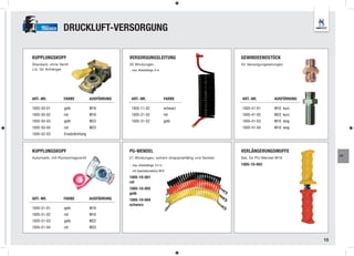 TRUCKER      DRUCKLUFT-VERSORGUNG

KUPPLUNGSKOPF                                   VERSORGUNGSLEITUNG                                  GEWINDEENDSTÜCK
Standard, ohne Ventil                           20 Windungen                                        für Versorgungsleitungen
z.b. für Anhänger                               - max. Arbeitslänge: 6 m




ART.-NR.          FARBE            AUSFÜHRUNG    ART.-NR.                    FARBE                  ART.-NR.           AUSFÜRHUNG

1005-50-01        gelb             M16           1005-11-02                  schwarz                1005-41-01         M16 kurz
1005-50-02        rot              M16           1005-21-02                  rot                    1005-41-02         M22 kurz
1005-50-03        gelb             M22           1005-31-02                  gelb                   1005-41-03         M16 lang
1005-50-04        rot              M22                                                              1005-41-04         M18 lang
1005-52-03        Ersatzdichtung



KUPPLUNGSKOPF                                   PU-WENDEL                                           VERLÄNGERUNGSMUFFE
                                                                                                                                         FT
Automatik, mit Rückschlagventil                 21 Windungen, extrem strapazierfähig und flexibel   Set, für PU-Wendel M16

                                                - max. Arbeitslänge: 4,5 m                          1005-10-003
                                                - mit Gewindeendstück M16

                                                1005-10-001
                                                rot
                                                1005-10-002
                                                gelb
ART.-NR.          FARBE            AUSFÜHRUNG   1005-10-004
                                                schwarz
1005-51-01        gelb             M16
1005-51-02        rot              M16
1005-51-03        gelb             M22
1005-51-04        rot              M22


                                                                                                                                    15
 
