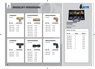 DRUCKLUFT-VERSORGUNG                                                                                   TRUCKER




     T-VERBINDER                GERADEVERBINDER            WINKELVERBINDER
     Messing                    Messing                    Messing




     ART.-NR.      AUSFÜHRUNG   ART.-NR.      AUSFÜHRUNG   ART.-NR.      AUSFÜHRUNG   GERADEVERBINDER
                                                                                      SORTIMENT
     1002-14-06    6 mm         1002-16-06     6 mm        1002-12-06    6 mm         Messing, Kunststoff
     1002-14-08    8 mm         1002-16-08     8 mm        1002-12-08    8 mm         1957-100-1
     1002-14-010   10 mm        1002-16-09     9 mm        1002-12-010   10 mm
     1002-14-012   12 mm        1002-16-010   10 mm        1002-12-012   12 mm        INHALT: 40 TEILE
                                1002-16-011   11 mm
                                                                                      ART.-NR.         MENGE   GRÖSSE
                                1002-16-012   12 mm
                                1002-16-015   15 mm                                   1002-06-04       5       4 mm
                                                                                      1002-06-05       5       5 mm
                                                                                      1002-06-06       5       6 mm
     T-VERBINDER                GERADEVERBINDER            WINKELVERBINDER            1002-06-08       5       8 mm
     Kunststoff                 Kunststoff                 Kunststoff
                                                                                      1002-16-06       5       10 mm
                                                                                      1002-16-08       5       11 mm
                                                                                      1002-16-010      5       15 mm
                                                                                      1002-16-012      5       8 mm
     ART.-NR.      AUSFÜHRUNG   ART.-NR.      AUSFÜHRUNG   ART.-NR.      AUSFÜHRUNG

     1002-04-04    4 mm         1002-06-04     4 mm        1002-02-06    6 mm
     1002-04-06    6 mm         1002-06-05     5 mm        1002-02-08    8 mm
     1002-04-08    8 mm         1002-06-06     6 mm
                                1002-06-08     8 mm
                                1002-06-10    10 mm
                                1002-06-12    12 mm


16
 