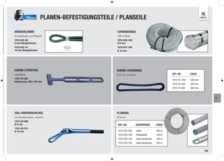 TRUCKER   PLANEN-BEFESTIGUNGSTEILE / PLANSEILE

WÜRGEKLEMME                                       EXPANDERSEIL
für Expander und Planseil                         100 m Rolle
1010-032-08                                       1010-536-100
8 mm Würgeklemme                                  Ø 8 mm
1010-032-10                                       1010-537-100
10 mm Würgeklemme                                 Ø 10 mm




GUMMI-STROPPEN                                   GUMMI-SPANNRING
verstellbar                                      Ø 8 mm, schwarz                               ART.-NR.       LÄNGE
1010-70-500
                                                                                               1010-70- 200   200 mm
Abmessung: 280 x 40 mm
                                                                                               1010-70-250    250 mm
                                                                                               1010-70-400    400 mm


                                                                                                                            FT




SEIL-ENDVERSCHLUSS                               PLANSEIL
mit Simplexhaken, verzinkt                       Ø 8 mm
1010-50-008
Ø 8 mm                                            ART.-NR.       AUSFÜHRUNG            LÄNGE
1010-50-010
Ø 10 mm                                           1010-531-250     silber              250 m
                                                  1010-532-100     transparent         100 m
                                                  1010-535-100     Sisal transluzent   100 m
                                                  1010-535-250     Sisal transluzent   250 m


                                                                                                                       23
 