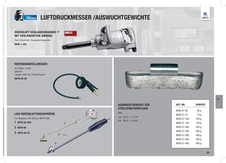 TRUCKER    LUFTDRUCKMESSER /AUSWUCHTGEWICHTE

DRUCKLUFT SCHLAGSCHRAUBER 1“              NEU!
MIT VERLÄNGERTEM AMBOSS
Twin-Hammer, Doppelschlagwerk
8696-1-281




REIFENHANDFÜLLMESSER
für PKW / LKW
geeicht
Länge: 500 mm Füllschlauch
9879-54-05




                                                                                                    FT

                                                 AUSWUCHTGEWICHT FÜR   ART.-NR.      GEWICHT
                                                 STEILSCHULTERFELGEN
                                                                       9836-31-50     50 g
                                                 Blei
LKW REIFENLUFTDRUCKPRÜFER                                              9836-31-75     75 g
                                                 von 22,5” x 6,75”
mit Kappen (20 Stück) (9879-66)                                        9836-31-100   100 g
                                                 bis 26,5” x 12,00”
1 9879-54-048                             1                            9836-31-150   150 g
2 9879-66                                                              9836-31-200   200 g
                                                                       9836-31-250   250 g
3 9879-54-07
                                      2                                9836-31-300   300 g
                                                                       9836-31-350   350 g
                                  3                                    9836-31-400   400 g


                                                                                               31
 